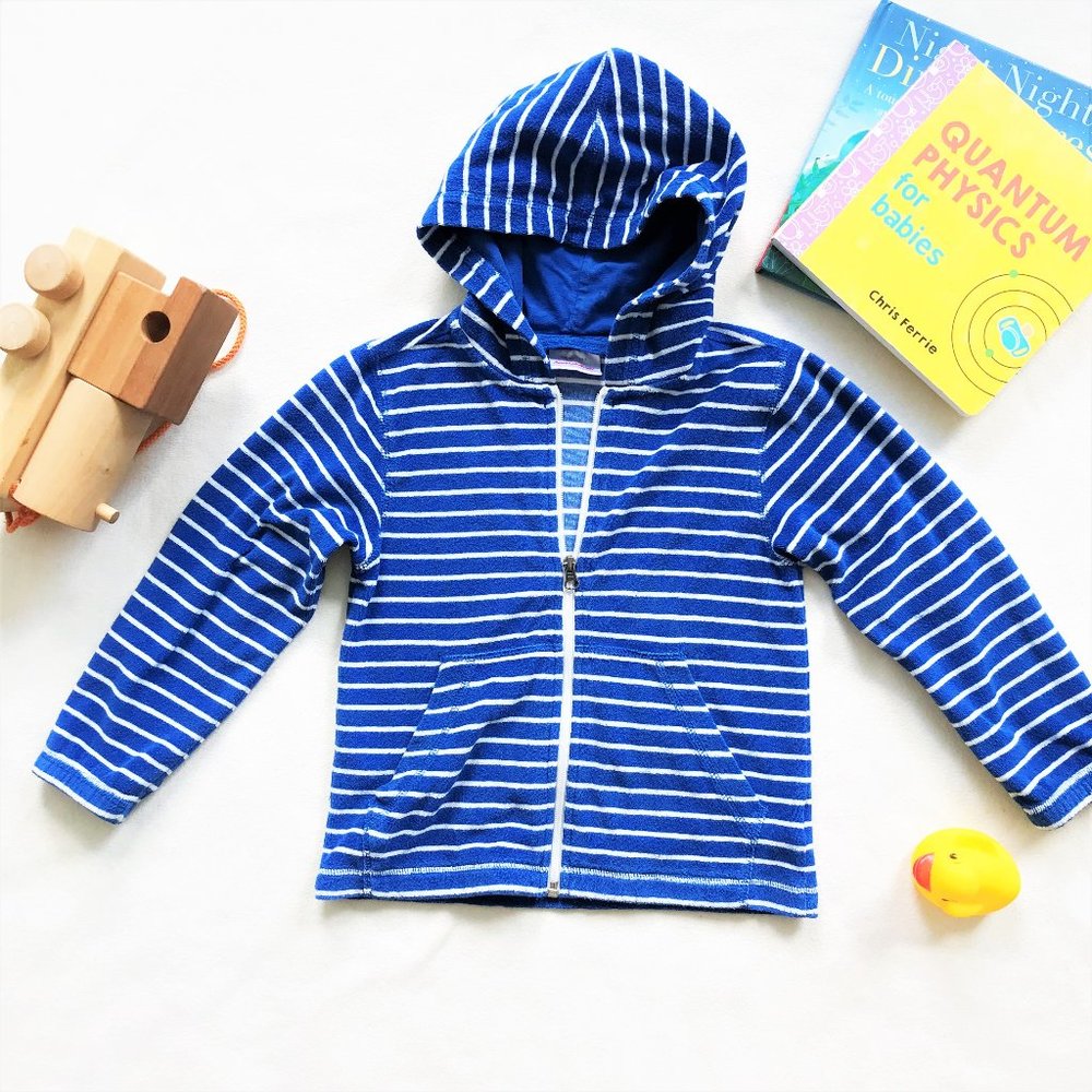 Hanna Andersson Full Zip Terry Hoodie Jacket Blue white Striped Long Sleeves 110